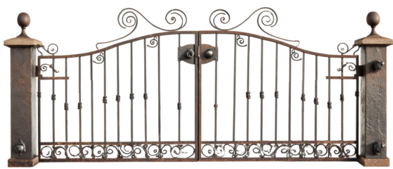 An ornate wrought-iron gate with decorative elements, featuring stone pillars and a classic design, set against a transparent background.