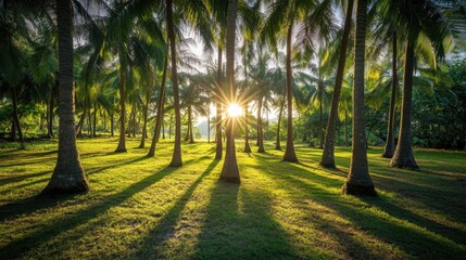 Obraz premium Detailed view of a coconut grove on a Thai island with sunlight filtering through the trees