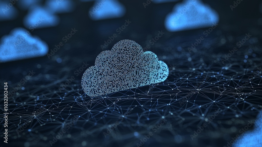 Poster Cloud computing concept with a white polygonal interconnected structure within it. Dark blue background with padlocks scattered about.