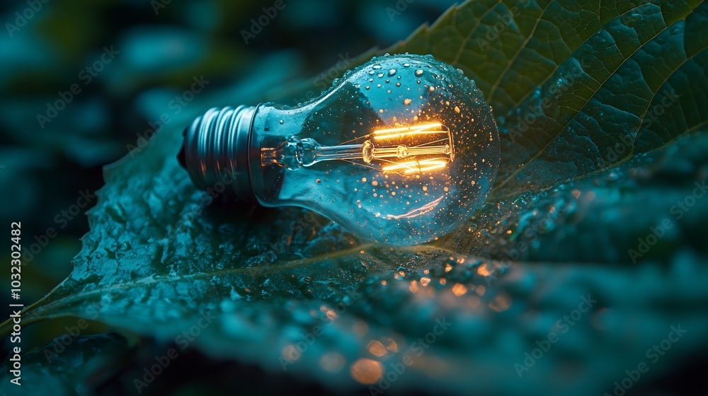 Aufkleber conceptual image of light bulb embedded in a vibrant green leaf representing the fusion of nature an