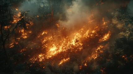 Fototapeta premium Detailed view of a forest fire burning through a dense thicket, with flames and smoke plumes.