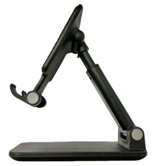 The image shows a sleek, black adjustable stand, ideal for supporting mobile devices or tablets, with a sturdy base and ergonomic design for versatile viewing angles.