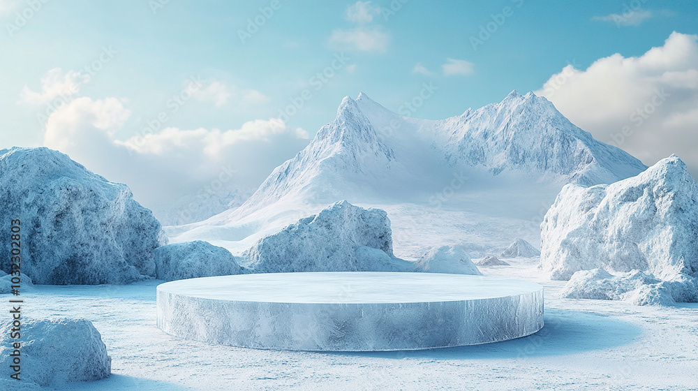 Wall mural 3d ice podium background snow winter product platform cold mountain. podium ice display background c