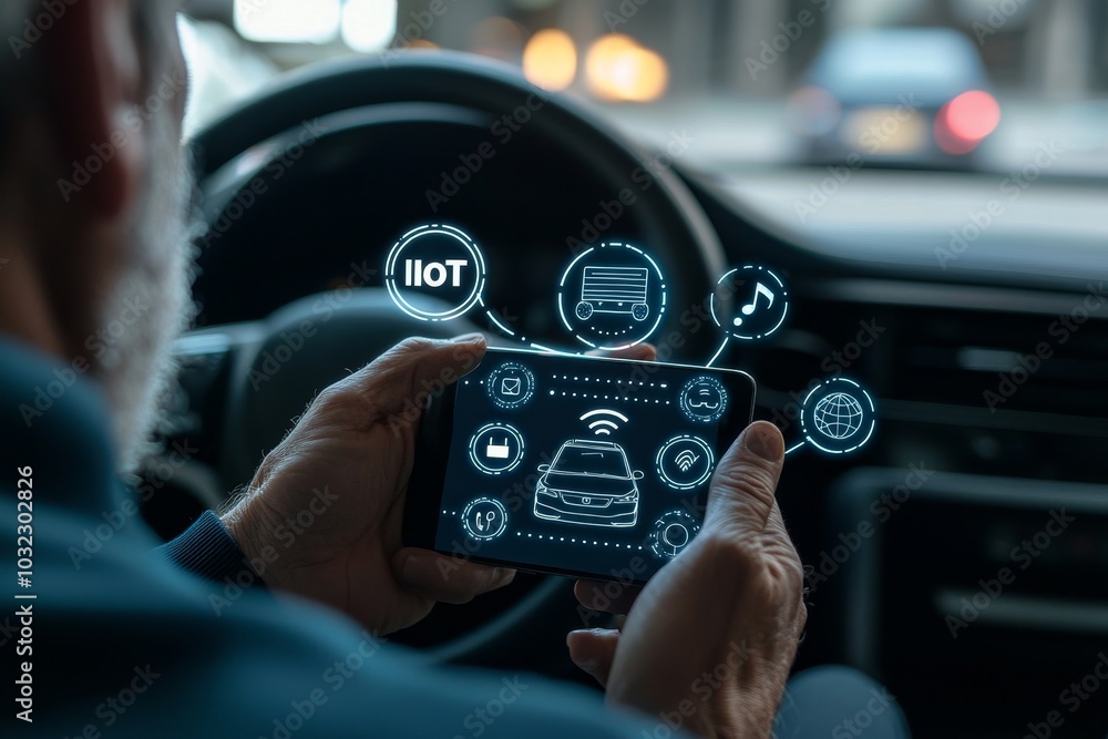 Aufkleber The Internet of Things (IOT), a hand using a smart phone on a car with a VR screen in the background, Digital transformation, Modern technology concept...
