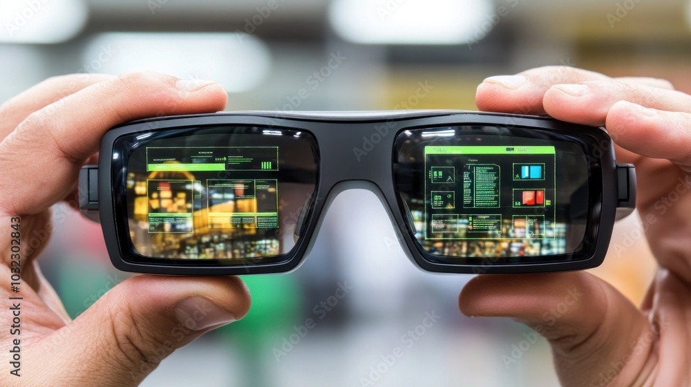 Poster Close-up of Hands Holding a Pair of Augmented Reality Glasses Displaying Data