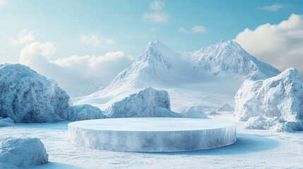 3D Ice podium background snow winter product platform cold mountain. Podium ice display background cosmetic sky floor blue scene landscape frozen white cool stand pedestal minimal rock glacier nature.