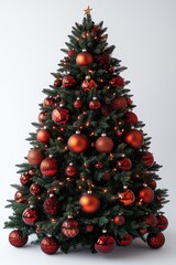A modern Christmas tree isolated on white background is decorated with vintage ornaments, such as ratan balls, burlap and tartan ribbons, wooden snowflakes, red berries and balls, and red/white