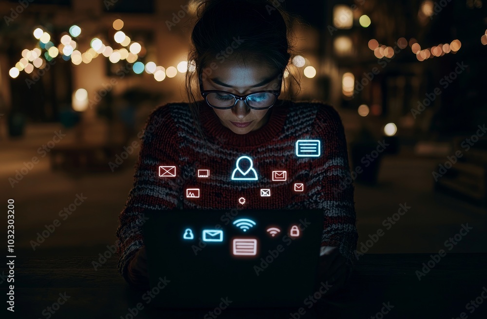 Poster asian businesswoman using laptop in data management. technology, internet of things, and networking 