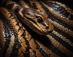 a close up of a snake's head with a black background.