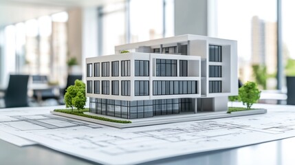 Architectural Model of a Modern Building with Blueprint