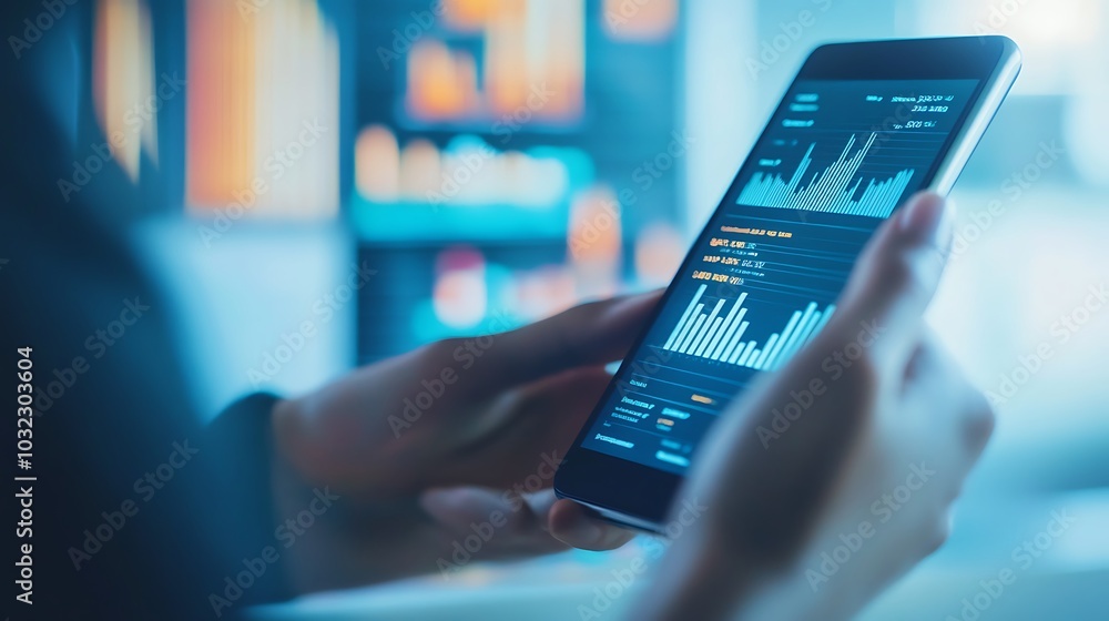Poster a person's hands holding a tablet displaying financial graphs and data.
