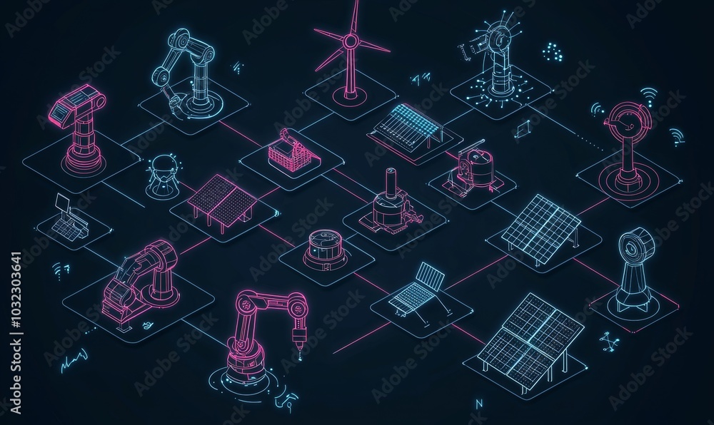 Poster IoT and IoT smart automation 3D illustration. Business innovation with automatic technology network and productive machine work. Device monitoring and control.