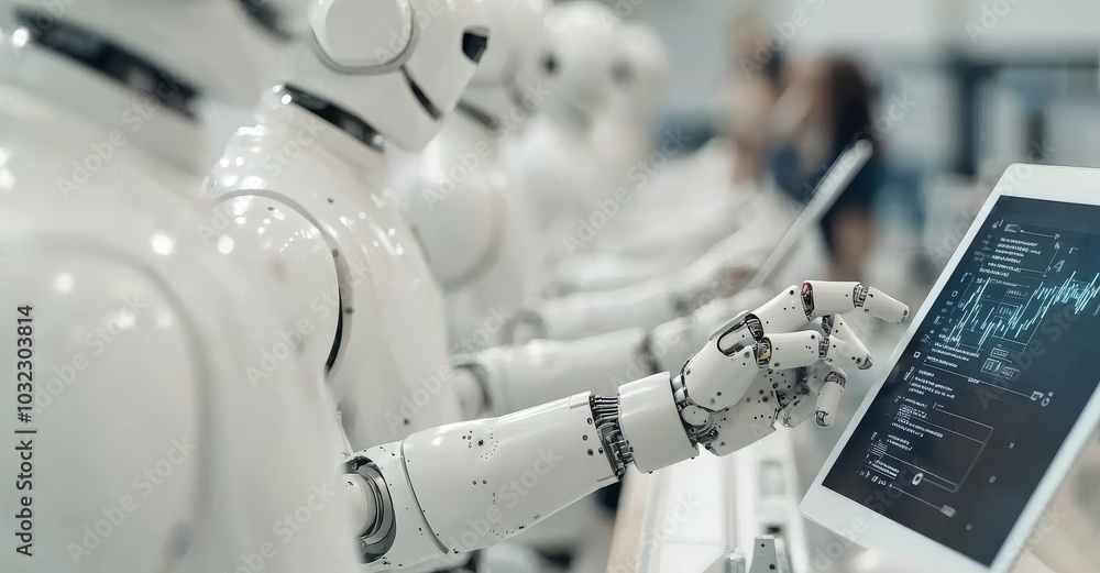 Leinwandbilder Using real-time monitoring system software, engineers test robot arm control. Robots weld workpieces and produce industrial parts to reduce human labor.