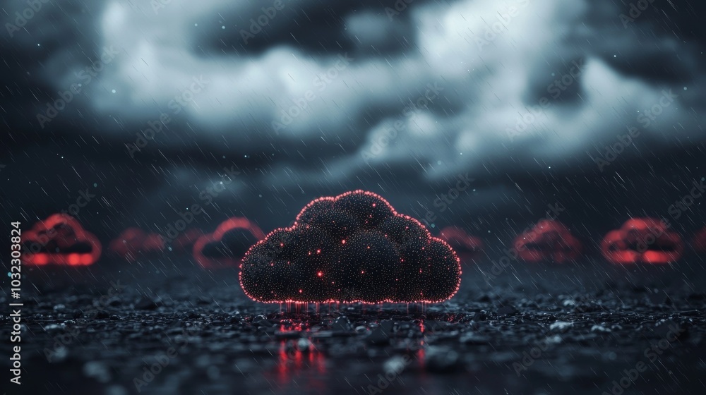 Poster Cloud computing technology data transfer concept. Abstract code in the center, interconnected polygons, and multicolored dots.