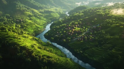 Detailed view of an Indian river winding through a lush green valley with terraced fields.