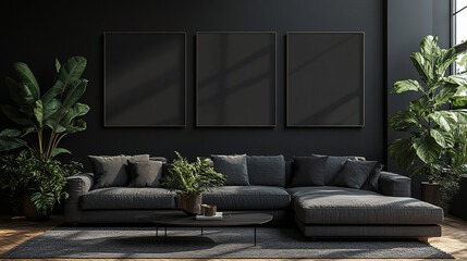 Living room with three accent canvas square painting picture. Frames for art on a black wall. Gallery in dark colors with a gray sofa or couch. Rich exhibition mockup layout triptych
