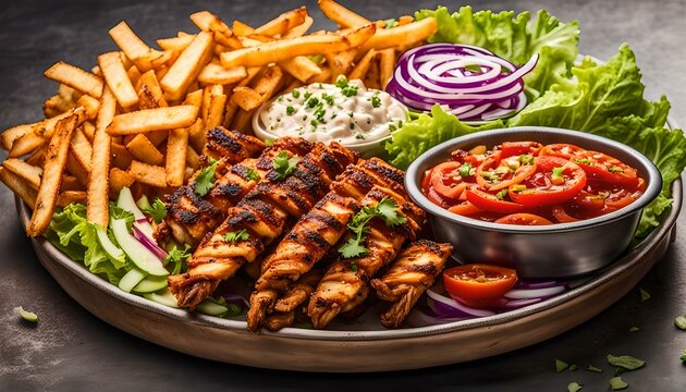 Dajaj chicken Shawarma platter with fries and salad served in dish isolated on table side view fastfood
