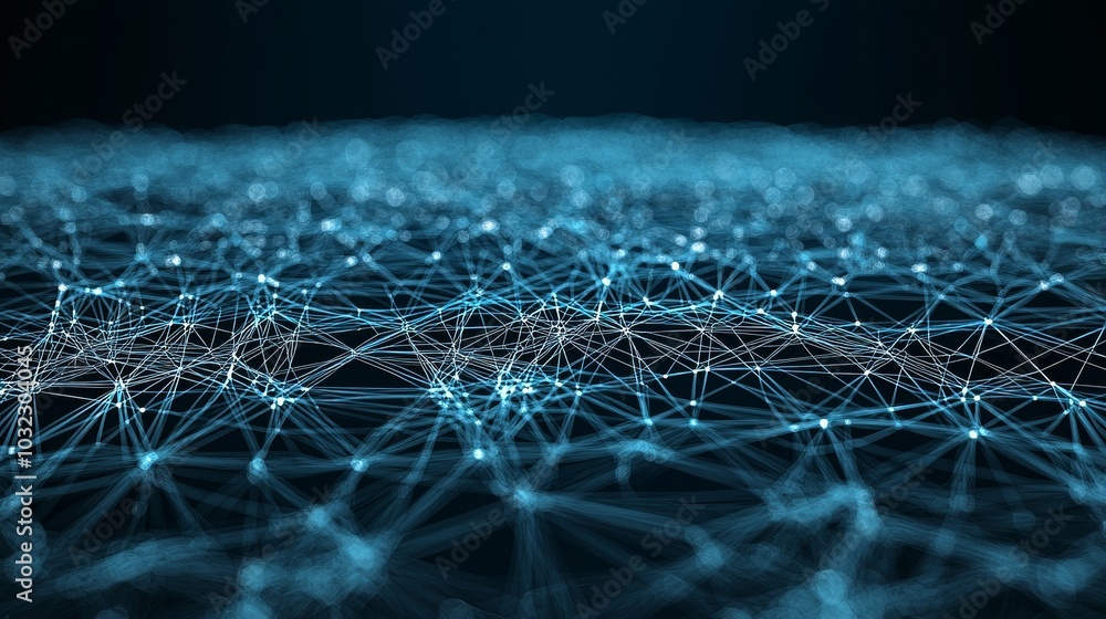 Aufkleber An abstract polygonal Internet network with multicolored dots and lines on a dark blue background. A digital cybersecurity protection and big data visualization for the internet of things.
