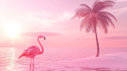 A pink flamingo stands in the shallow water of a tropical beach at sunset, with a palm tree silhouetted against the pink sky.