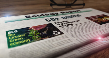 Co2 neutral zero emission and global warming newspaper on table