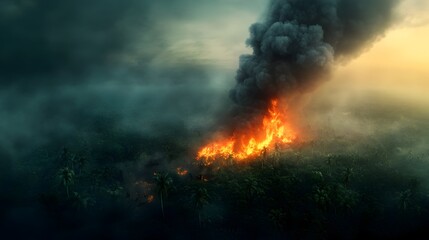 Raging bushfires rage through a lush tropical rainforest with plumes of dark smoke billowing into the sky
