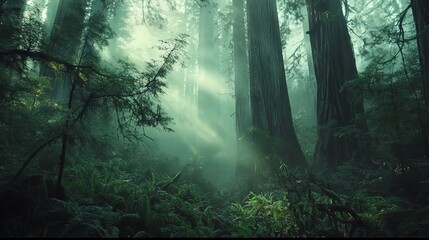 Naklejka premium Misty morning in ancient redwood forest