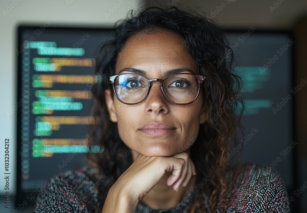Aufkleber Women portraits, coding and cybersecurity, hologram screens, malware agents, futuristic technology, virtual reality login, data protection overlay, IoT dashboard, and programmer on virtual world.