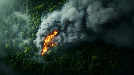 Aerial view of a tropical rainforest ablaze billowing plumes of smoke signaling the release of CO2 and greenhouse gases from the raging wildfire
