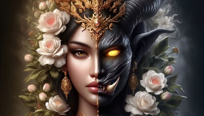 A captivating duality-themed depiction of a goddess, her face split into two contrasting halves. On the left side, she is shown with a serene, flawless face adorned with a golden crown and surrounded 