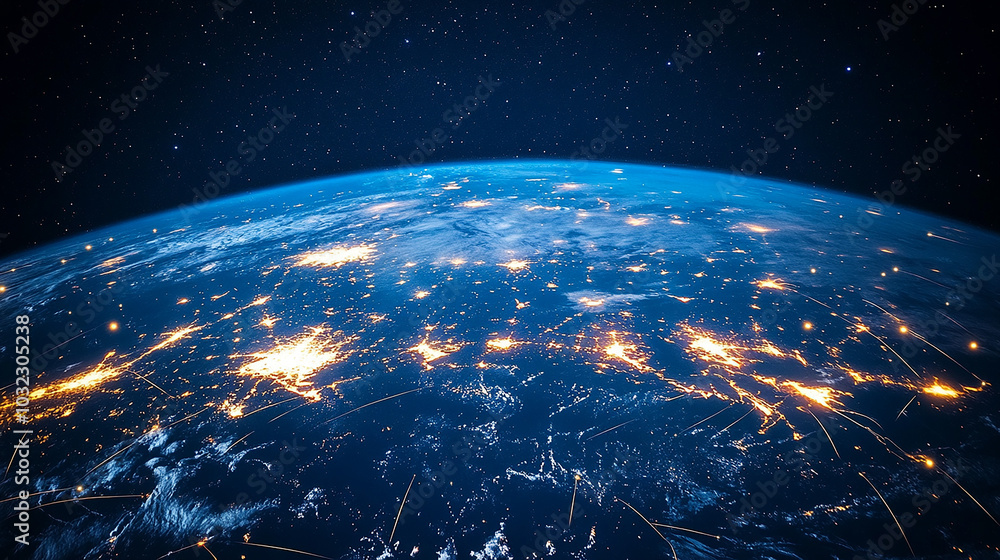 Poster night planet earth from space with light lines of communication and connection. business and finance