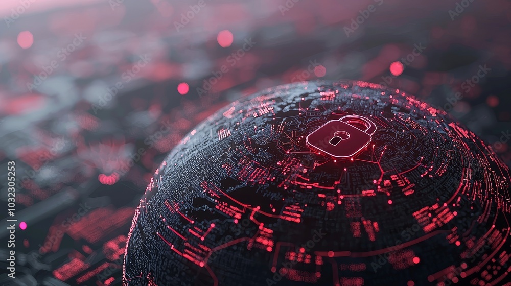 Poster An abstract interface depicting global network security technology with encryption and padlock icons protecting personal information.