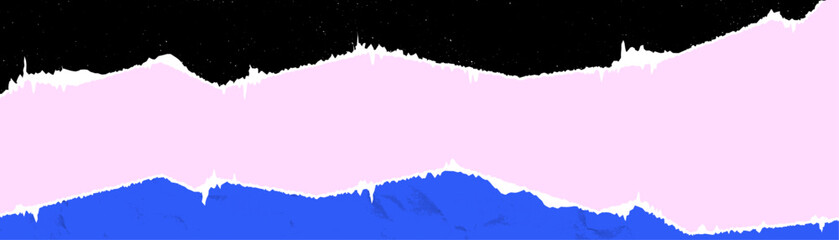 Horizontal background from torn pieces of multi colored paper with empty space. Torn edges, wrinkled, grunge texture.