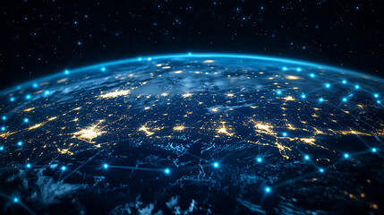 Night planet earth from space with light lines of communication and connection. Business and finance, concept. Global communications system and the World Wide Web. Technologies and communications.