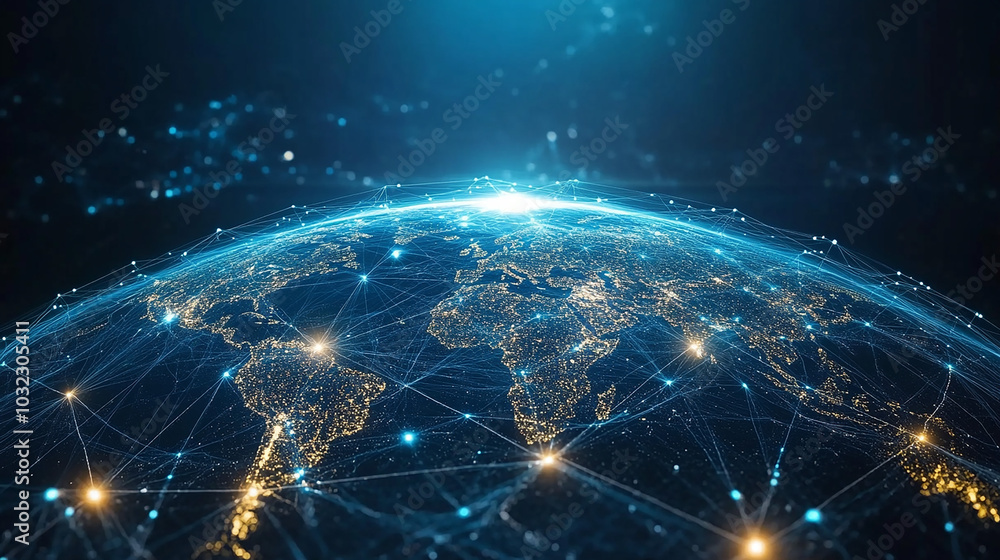 Aufkleber night planet earth from space with light lines of communication and connection. business and finance