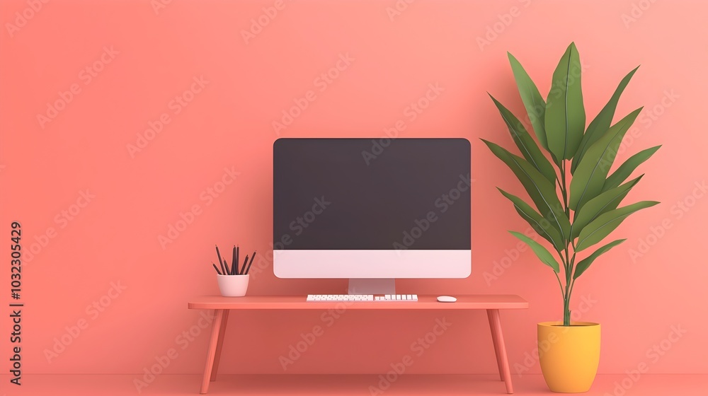 Poster isometric design of a comfortable and organized home office workspace setup featuring a desk compute