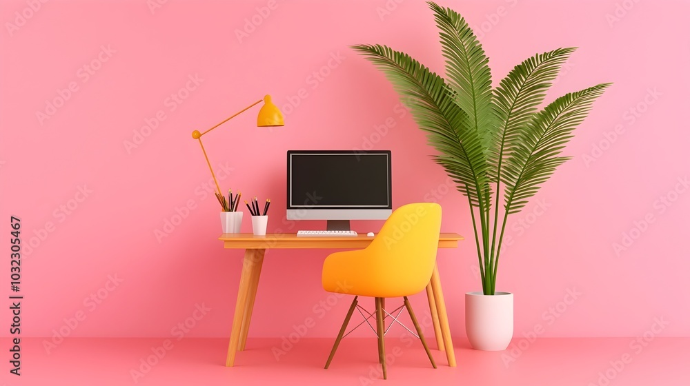 Poster cozy and efficient isometric design of a home office workspace with a minimalist desk computer and r