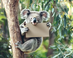 Fototapeta premium Smiling Koala Clinging to Tree Holding Blank Cardboard Sign with Eucalyptus Leaves