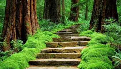 A serene forest pathway lined with lush green moss and towering trees, inviting exploration and tranquility in nature.