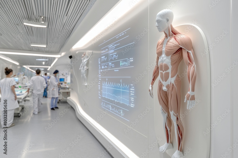 Poster The image is of a man's skeleton and organs displayed on a computer monitor in a hospital setting. Concept of medical technology.