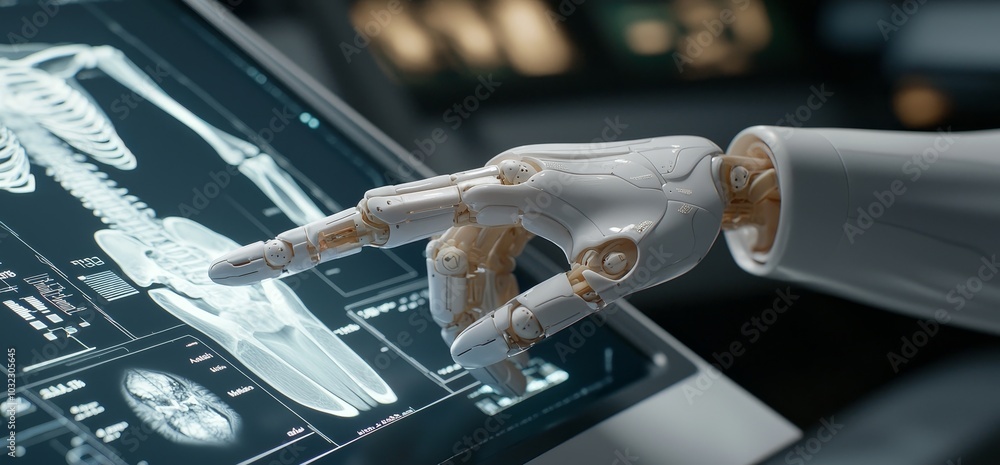 Leinwandbilder it is holding a futuristic display hud showing a futuristic medical interface designed in 3d