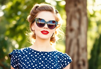 Girl in a retro s swing dress with cat eye sunglasses and red li