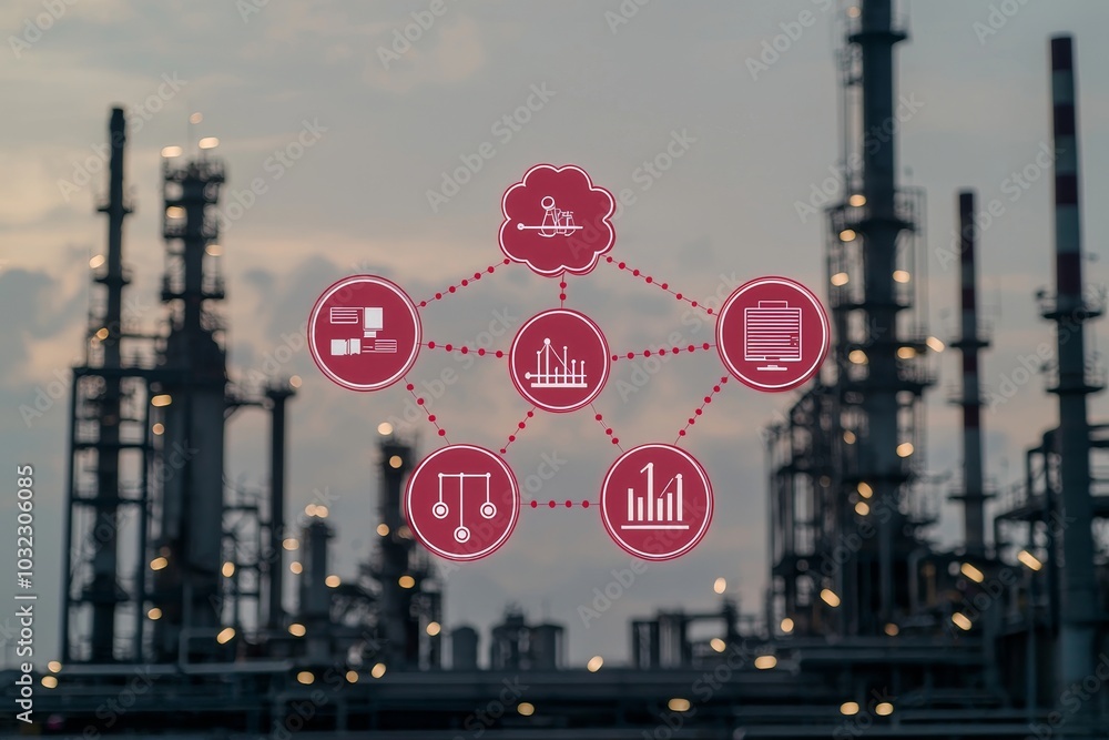 Poster The image shows two engineers on site, Industry 4.0 concept image. Oil refinery at twilight with icons representing cyber and physical systems on a background of industrial infrastructure and