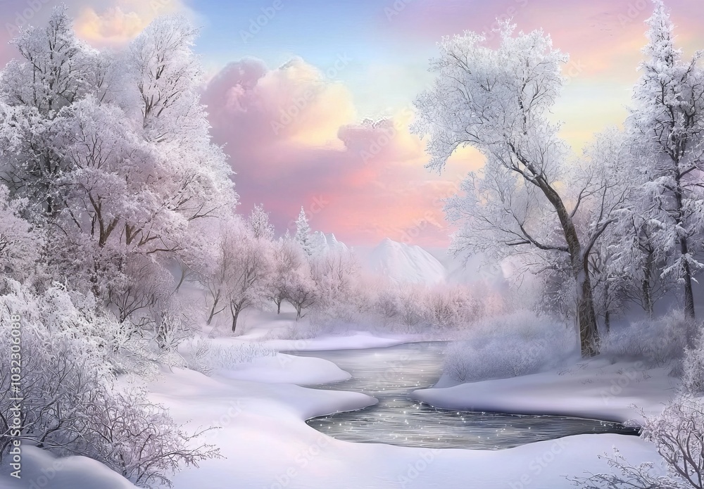 Canvas Prints An idyllic landscape with winter trees, frozen rivers and reflections in the water. Colorful winter forest on the river at sunset. Beautiful winter view of a snowy landscape with trees, lakes, sun,