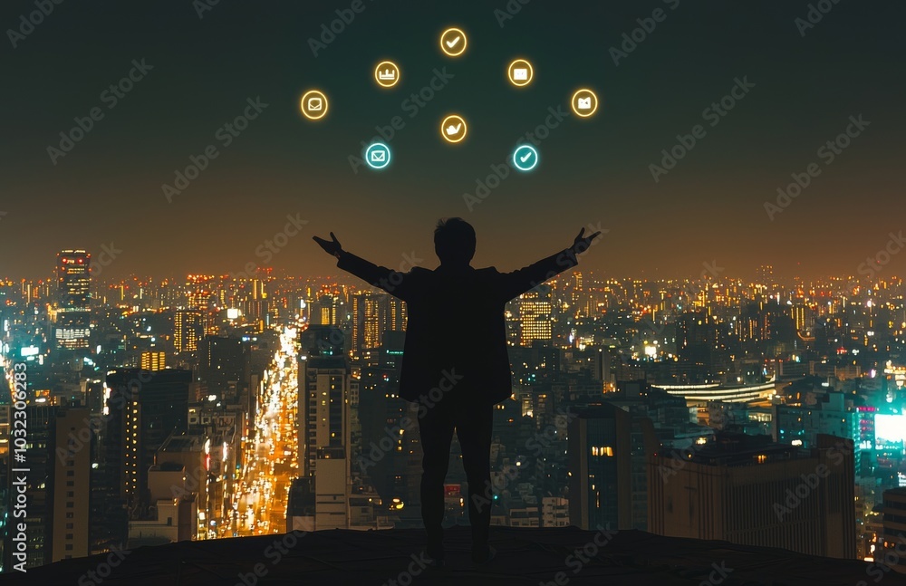 Poster An image of a youthful business person and a graphic user interface concept. Internet of Things. Information Communications Technology. Smart City. Digital transformation.