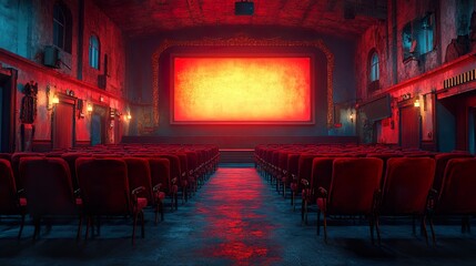 Old Movie Theater with Velvet Seats and Glowing Screen