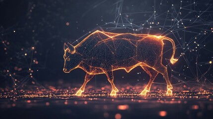 A digital representation of a bull, glowing with a network of lines and particles.