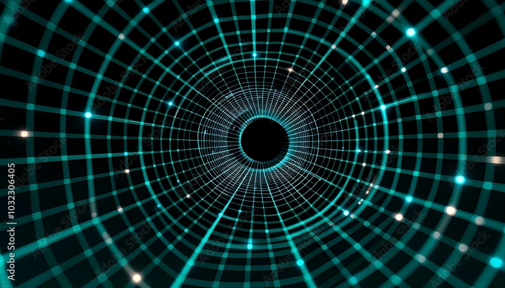 Poster 3d wireframe tunnel. perspective grid background. abstract geometric background. optical illusion of