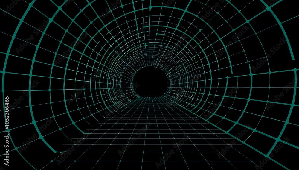 Poster 3d wireframe tunnel. perspective grid background. abstract geometric background. optical illusion of