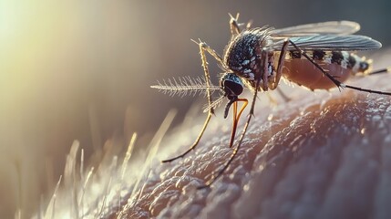 Fototapeta premium Extreme Close up of Mosquito Landing on Human Skin Ready to Feed