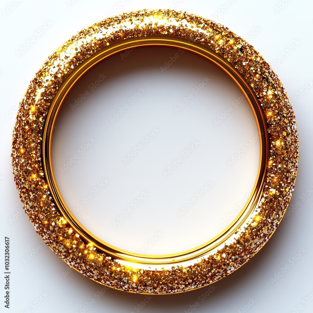 Poster a white circle shape is used for the text and design on top of a gold sparkles background.